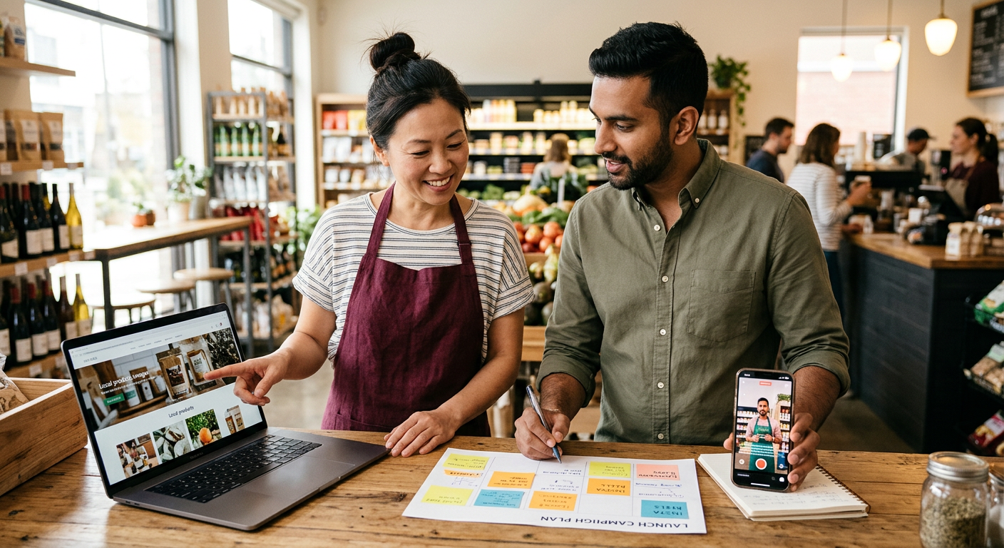 A local business owner and a Promobiz marketing specialist reviewing a website, campaign plan and mobile content together